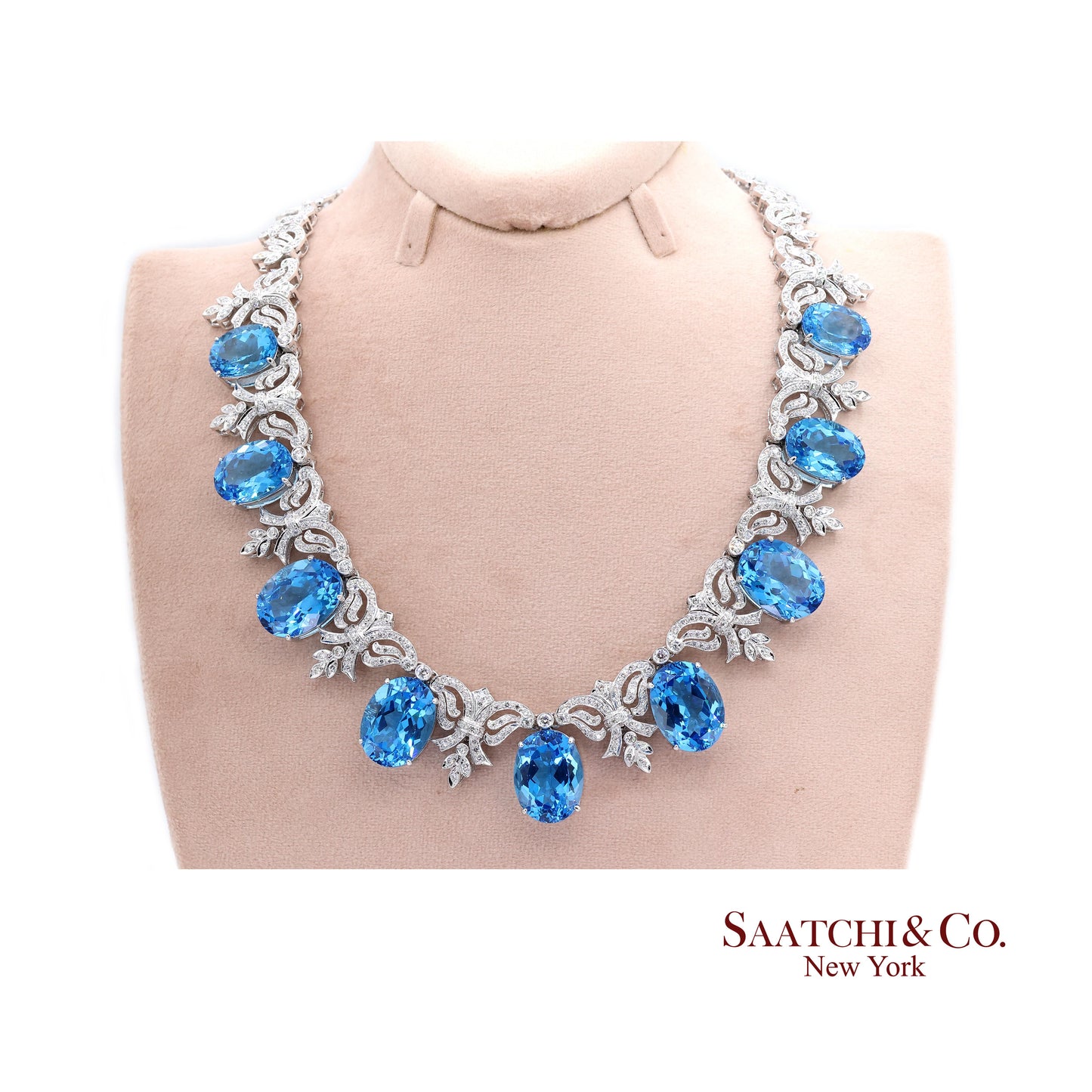 10K White Gold Natural Diamond Royal Blue Topaz Elegant Necklace