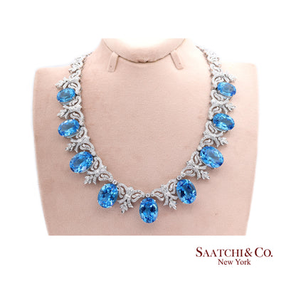 10K White Gold Natural Diamond Royal Blue Topaz Elegant Necklace