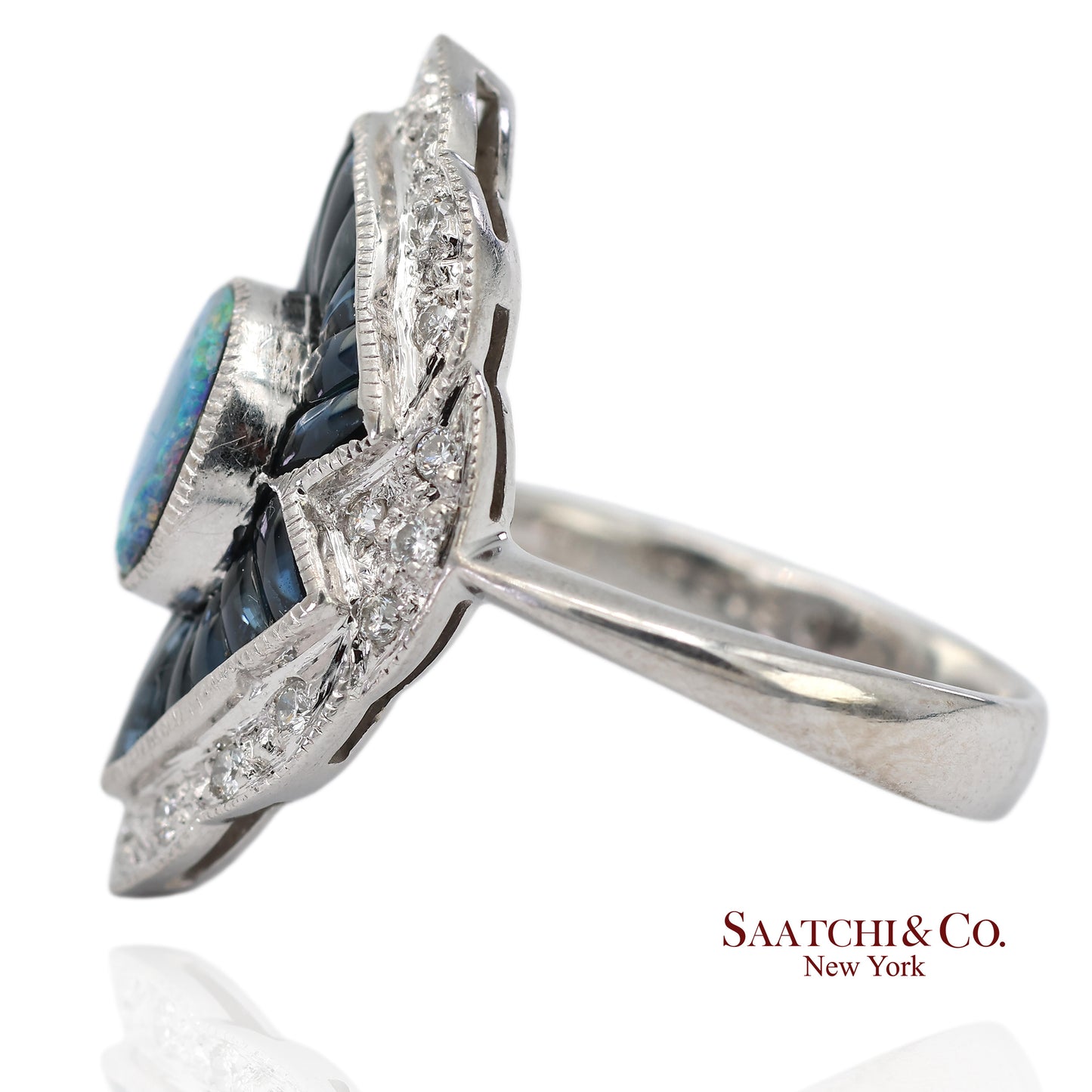 18K(750) Solid White Gold Natural Diamond Sapphire and Opal Ring