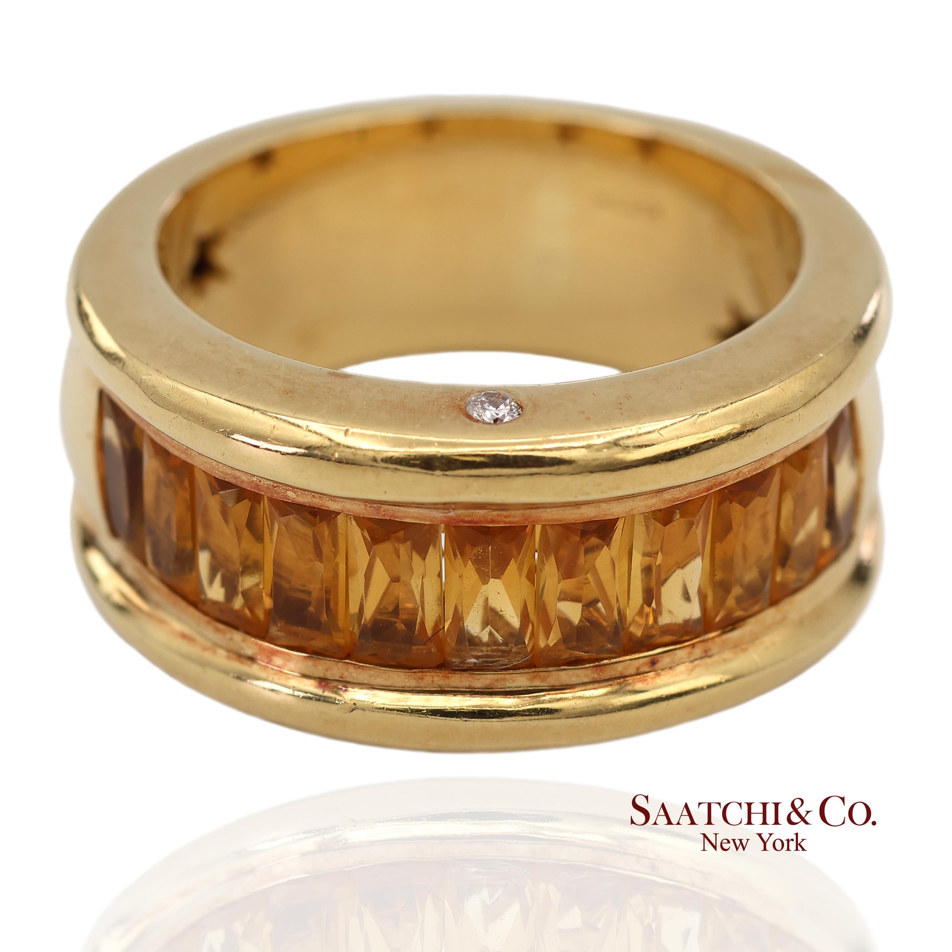 18K(750) Solid Yellow Gold Natural Diamond and Citrine Wide Band Ring