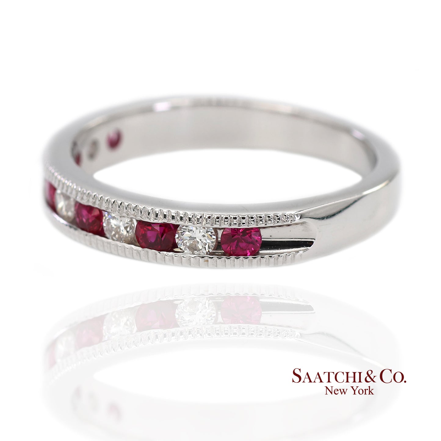 14K (585) Solid White Gold Natural Diamond and Ruby Half Band Ring