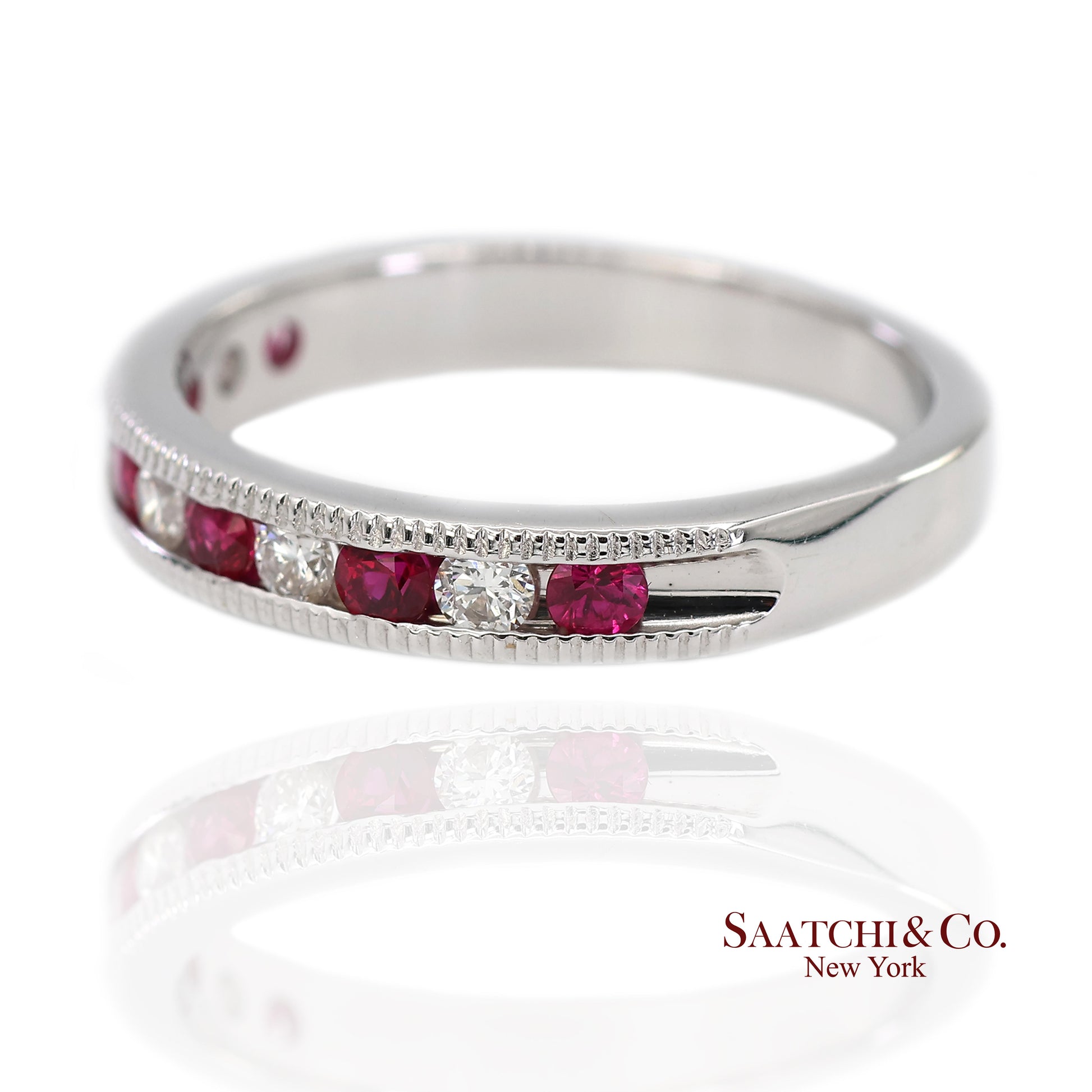 14K (585) Solid White Gold Natural Diamond and Ruby Half Band Ring
