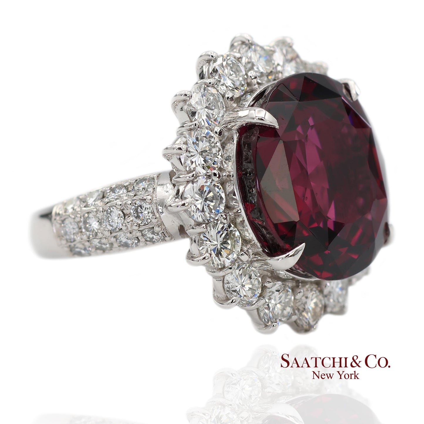 GIA Certified Solid Platinum 900 Natural Diamond and Natural Garnet Ring