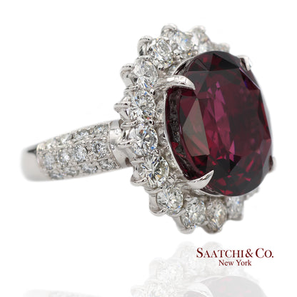 GIA Certified Solid Platinum 900 Natural Diamond and Natural Garnet Ring