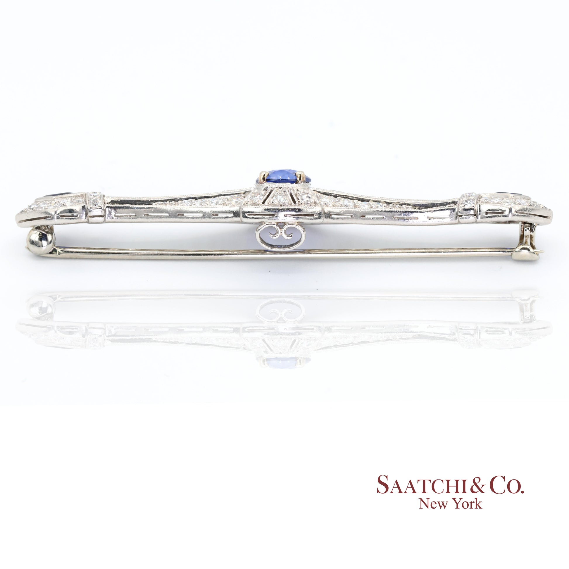 Platinum 950 Natural Sapphire and Diamond Brooch