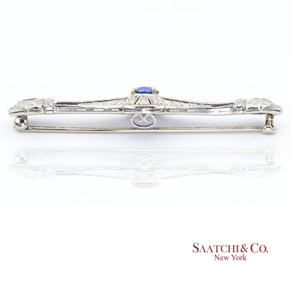 Platinum 950 Natural Sapphire and Diamond Brooch