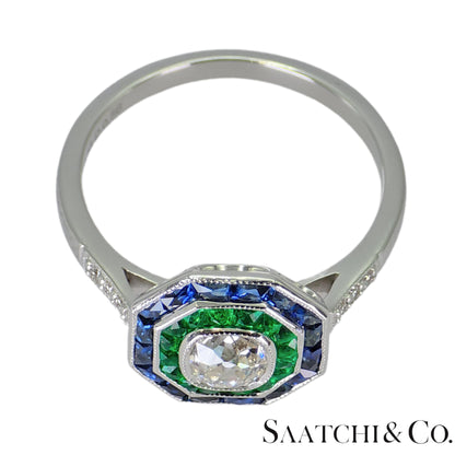 18K (750) White Gold Cushion Shape Natural Diamond Sapphire Emerald: Ring