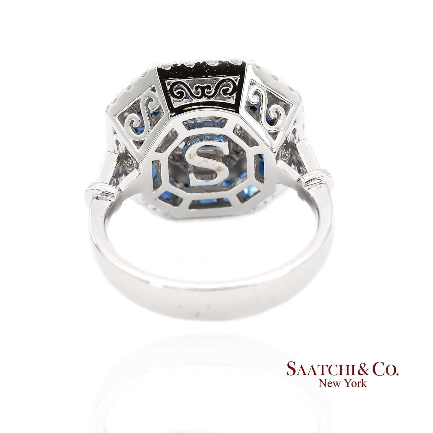 18K(750) White Gold Royal Blue Sapphire and Asscher Pie Cut Natural Diamond Ring