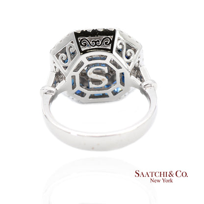 18K(750) White Gold Royal Blue Sapphire and Asscher Pie Cut Natural Diamond Ring