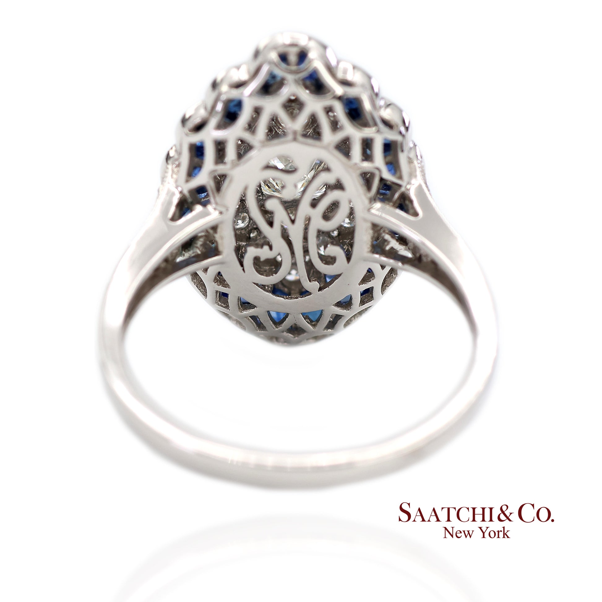 Platinum (950) Natural Diamond and Natural Sapphire Milgrain Ring