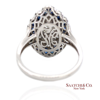 Platinum (950) Natural Diamond and Natural Sapphire Milgrain Ring