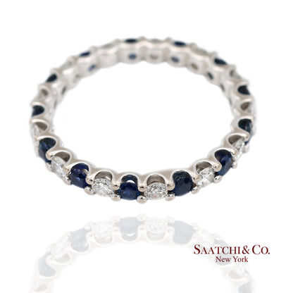 14K White Gold Natural Brilliant Diamond and Sapphire Band Ring