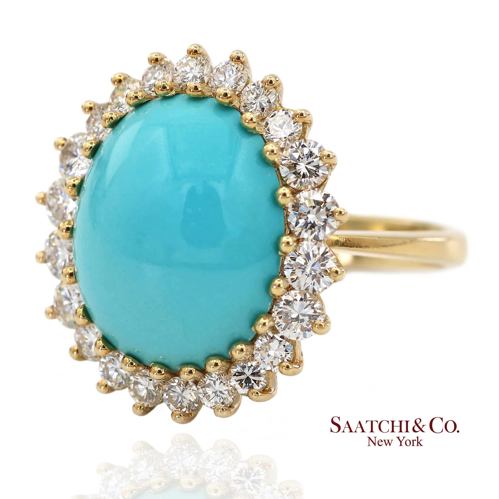 18K Yellow Gold Turquoise  Natural Diamond Halo Ring