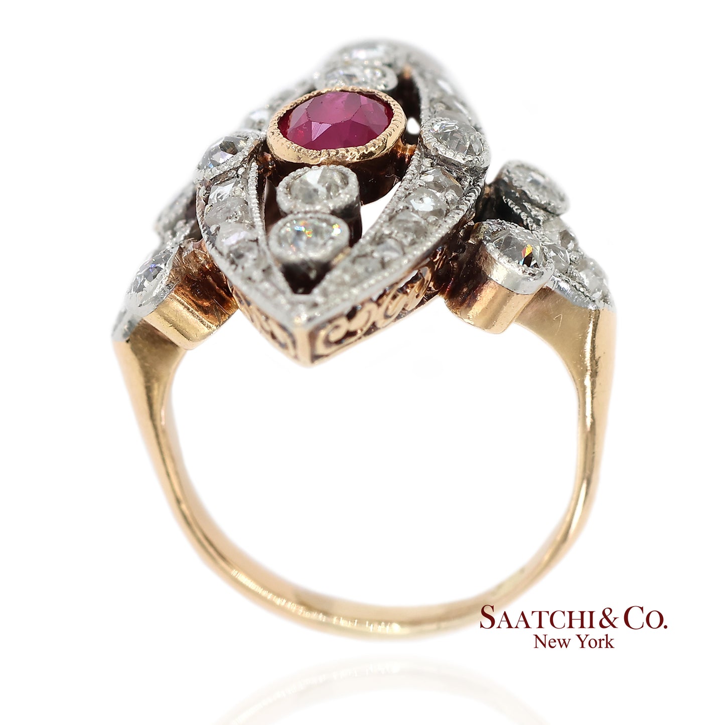Vintage 14K(585) Yellow and White Gold Natural Diamond and Ruby Ring