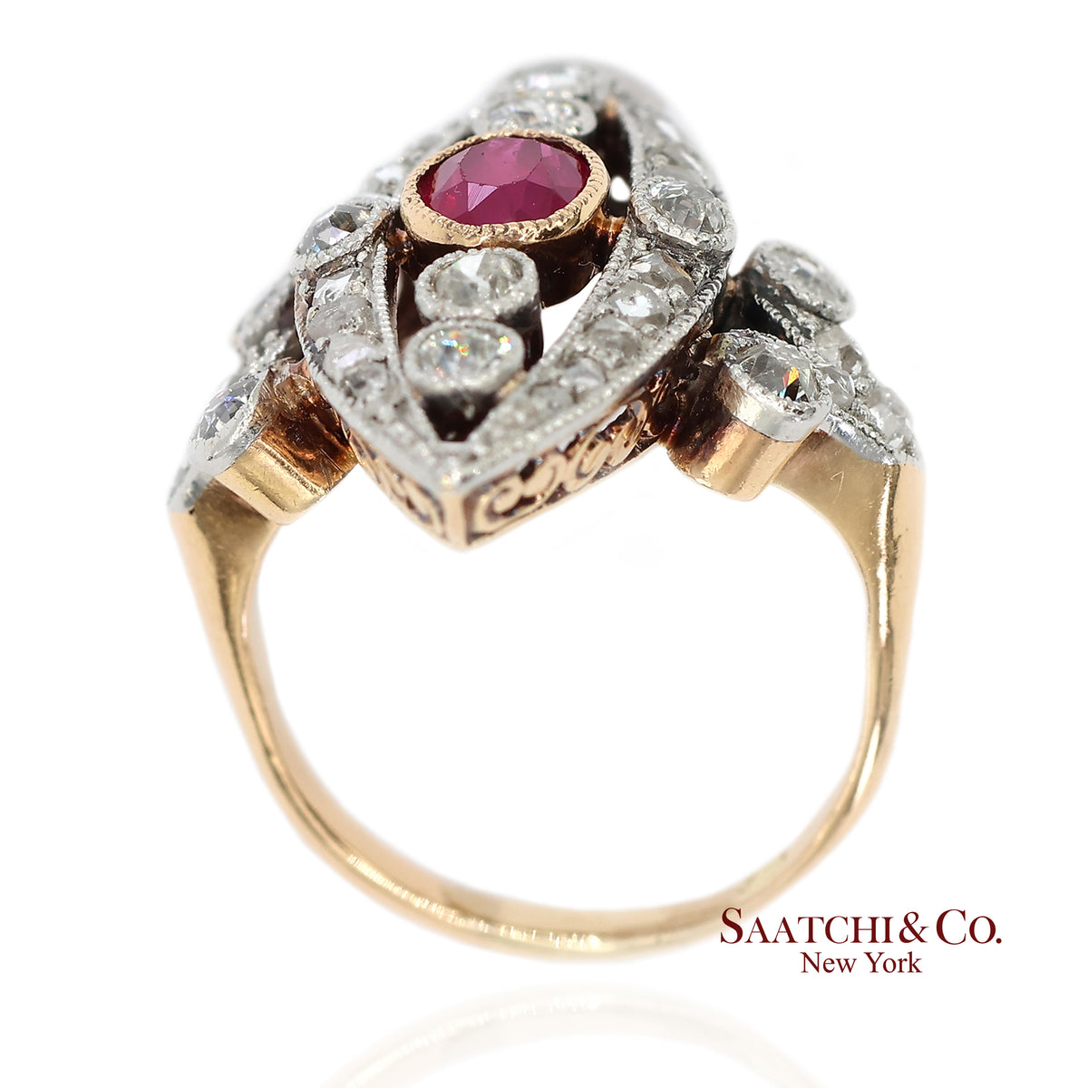Vintage 14K(585) Yellow and White Gold Natural Diamond and Ruby Ring