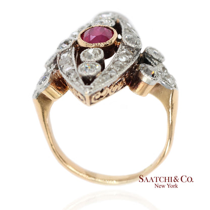 Vintage 14K(585) Yellow and White Gold Natural Diamond and Ruby Ring
