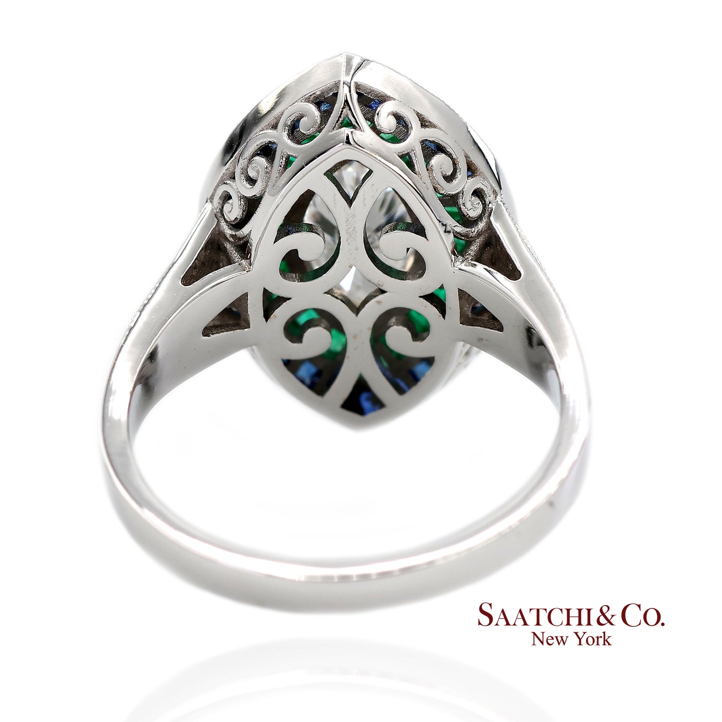 GIA_18K 750 Solid White Gold Natural Diamond Emerald and Sapphire Milgrain Ring