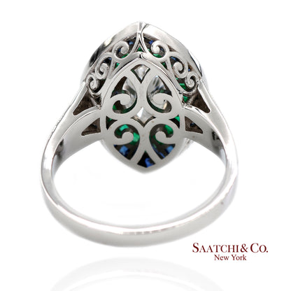 GIA_18K 750 Solid White Gold Natural Diamond Emerald and Sapphire Milgrain Ring