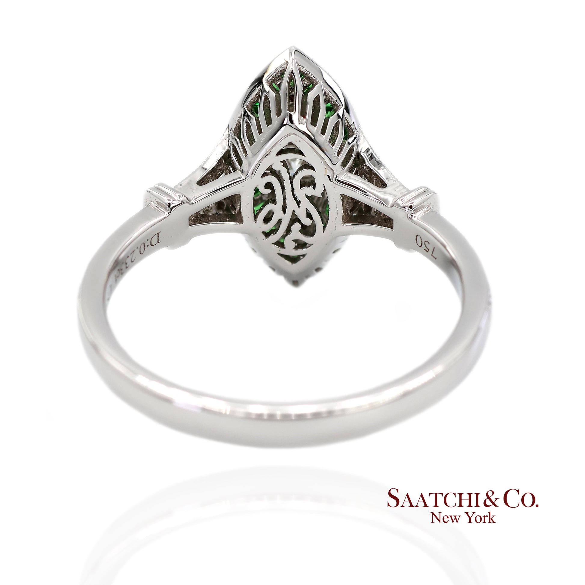 18K (750) White Gold Natural Diamond and Tsavorite Marquise Milgrain Ring