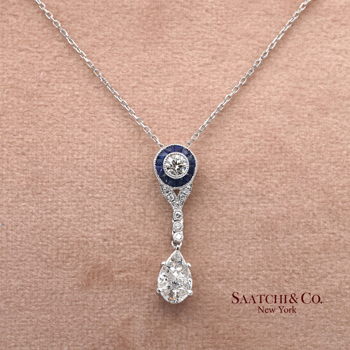 18K White Gold Natural Diamond and Pie Cut Sapphire Pendant with 14K Gold Chain