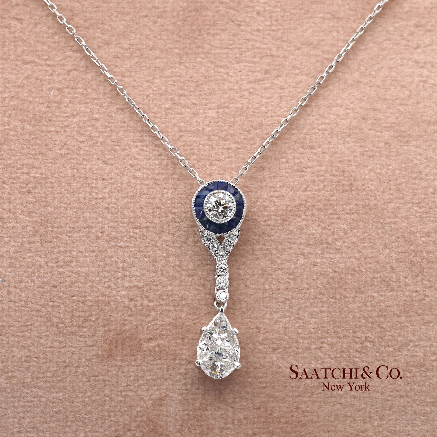 18K White Gold Natural Diamond and Pie Cut Sapphire Pendant with 14K Gold Chain