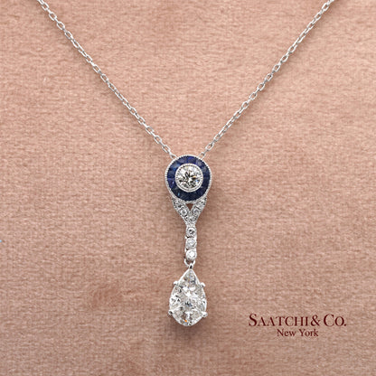 18K White Gold Natural Diamond and Pie Cut Sapphire Pendant with 14K Gold Chain
