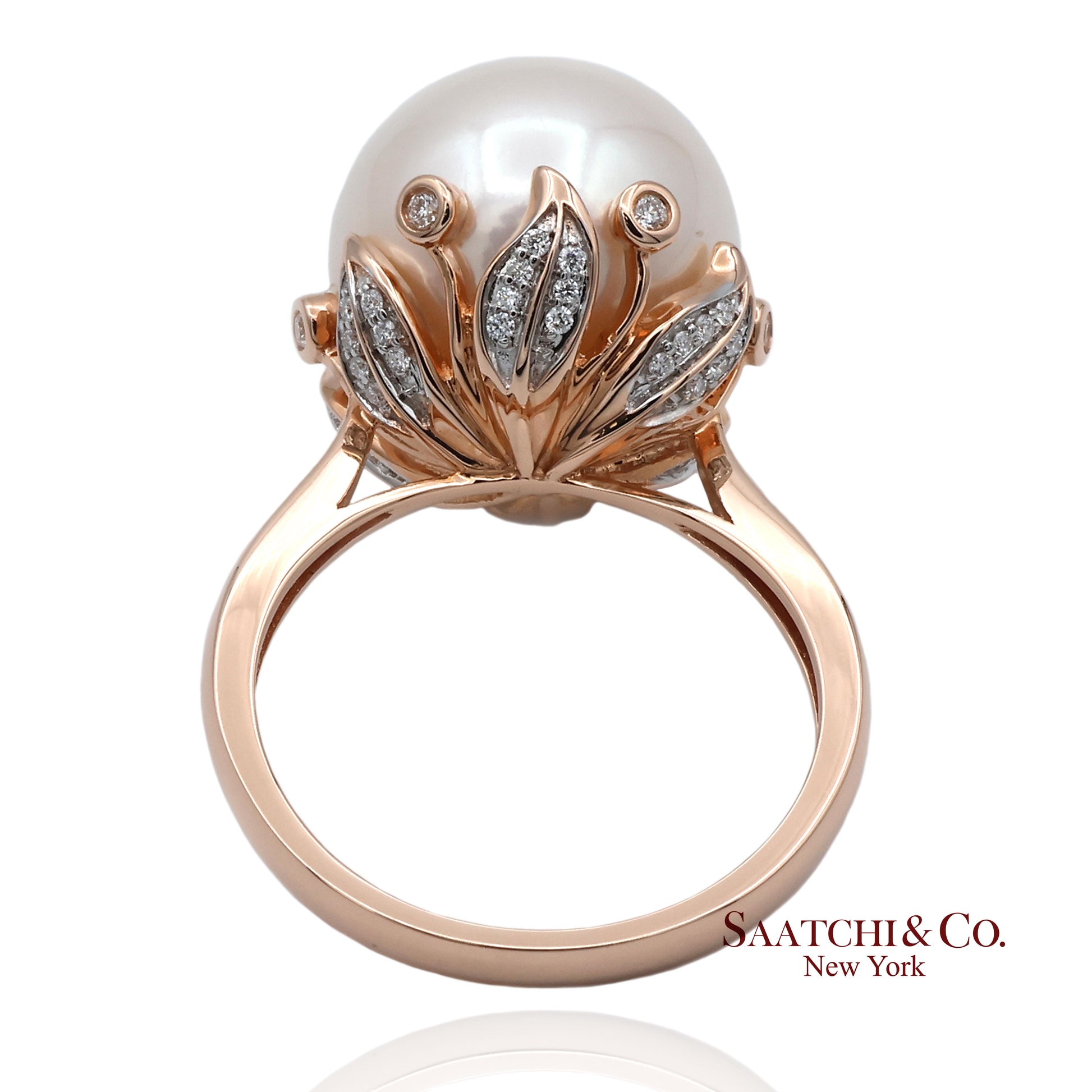 14K (585) Rose Gold Natural Brilliant Diamond and White Pearl Ring