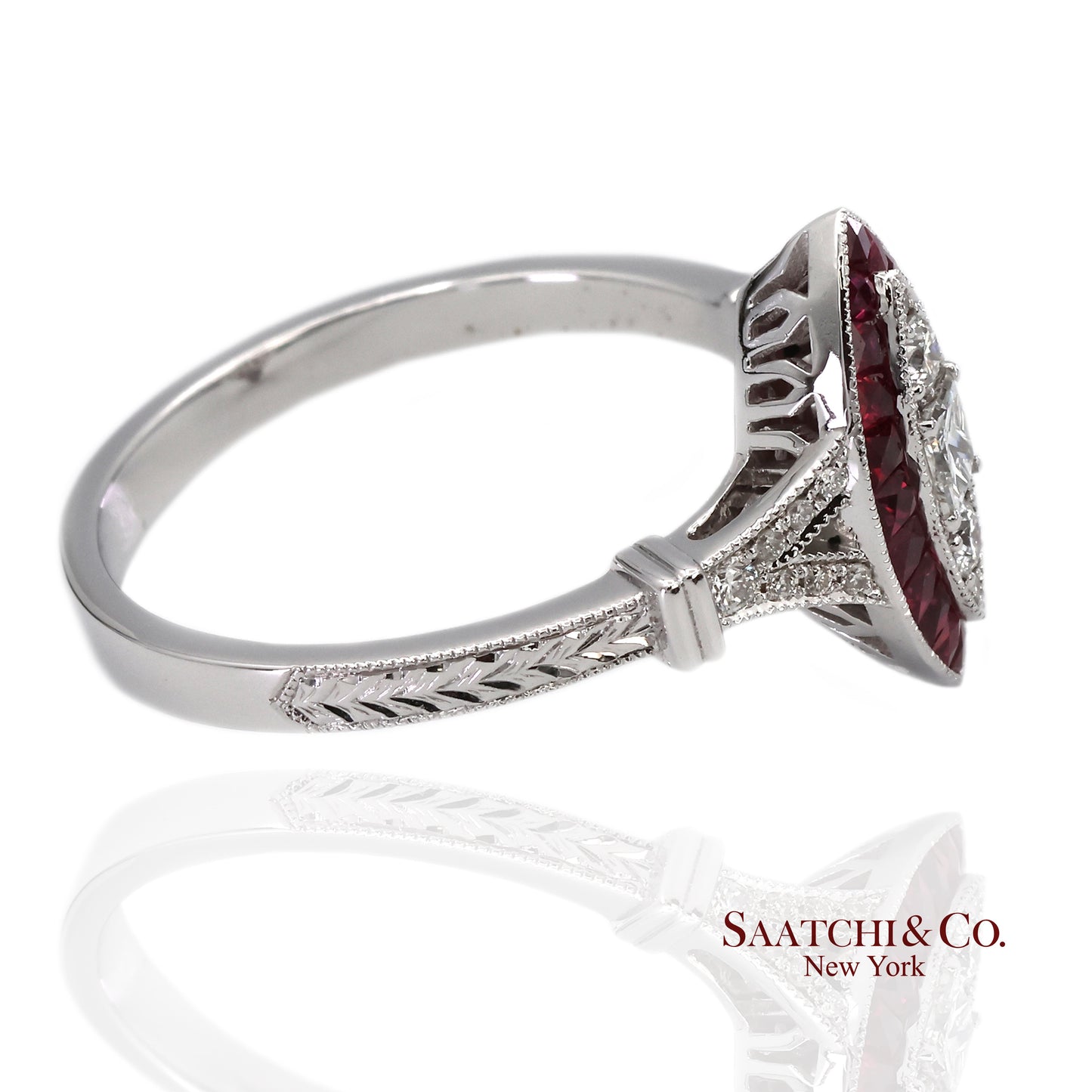 18K (750) White Gold Natural Diamond and Marquise Ruby Milgrain Ring