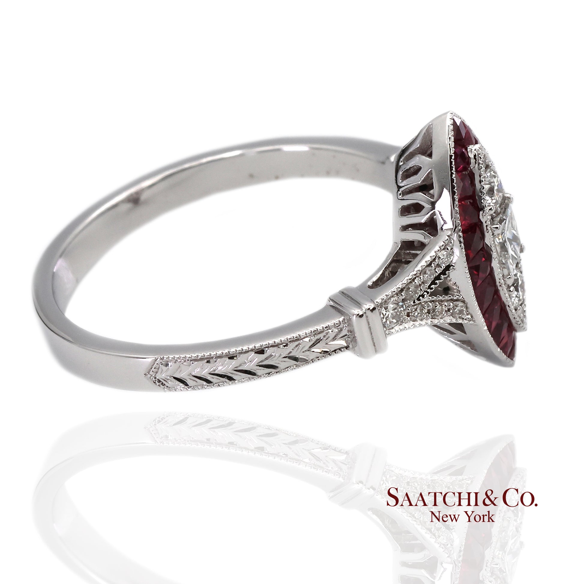 18K (750) White Gold Natural Diamond and Marquise Ruby Milgrain Ring