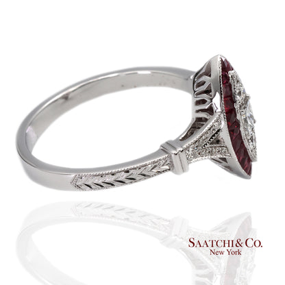18K (750) White Gold Natural Diamond and Marquise Ruby Milgrain Ring