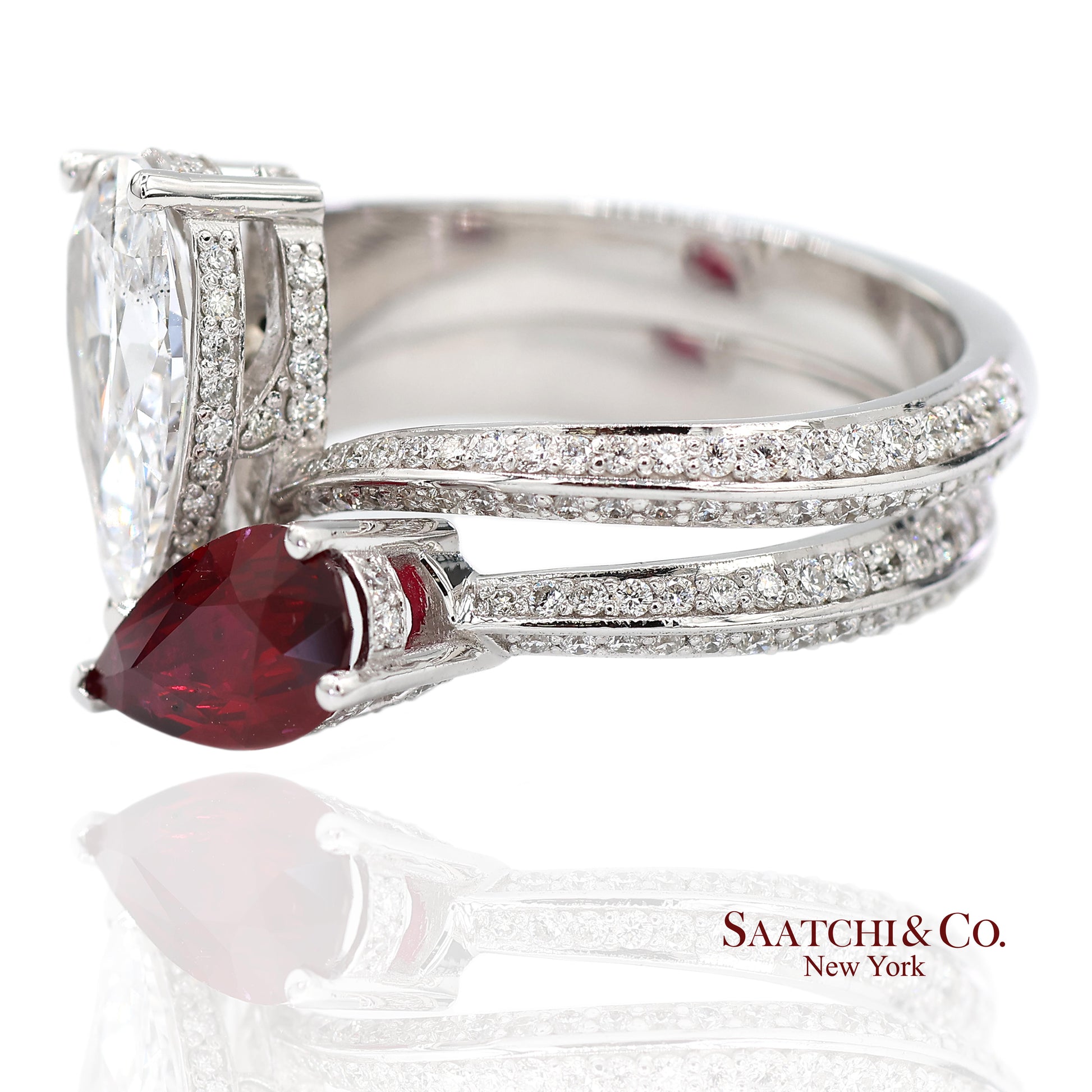 18K(750) Solid White Gold Natural Diamond and Ruby Toi et Moi Ring