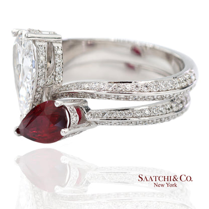 18K(750) Solid White Gold Natural Diamond and Ruby Toi et Moi Ring
