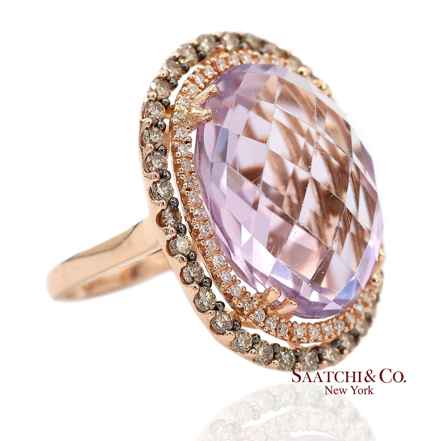 14K (585) Rose Gold Natural Diamond and Amethyst Ring