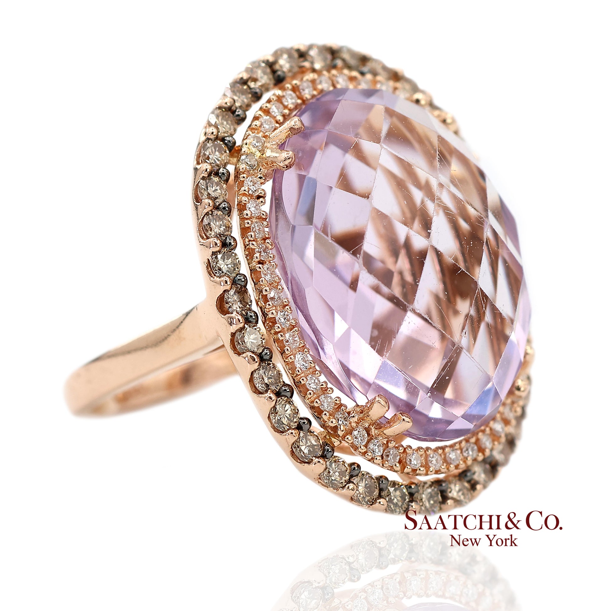14K (585) Rose Gold Natural Diamond and Amethyst Ring