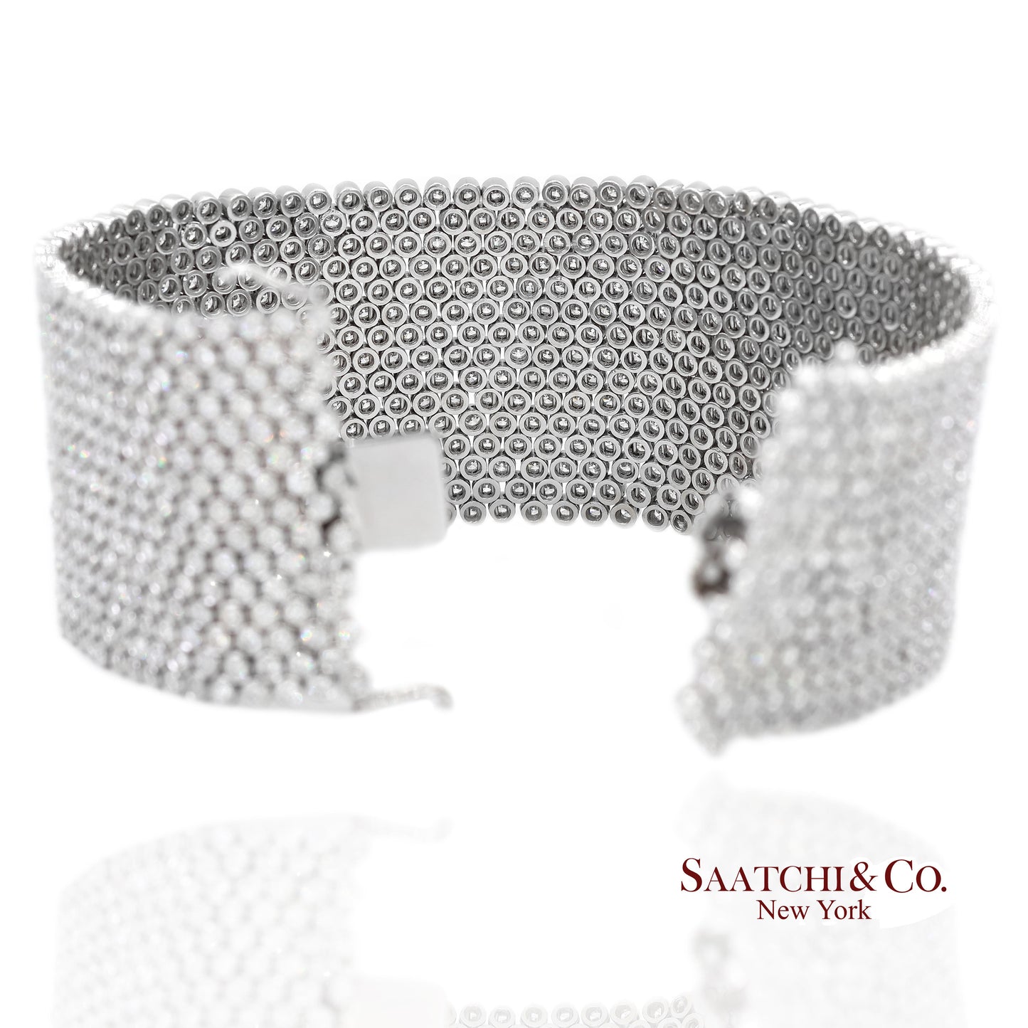 18K (750) White Gold Natural Diamond Wide Mesh Bracelet 15 Rows