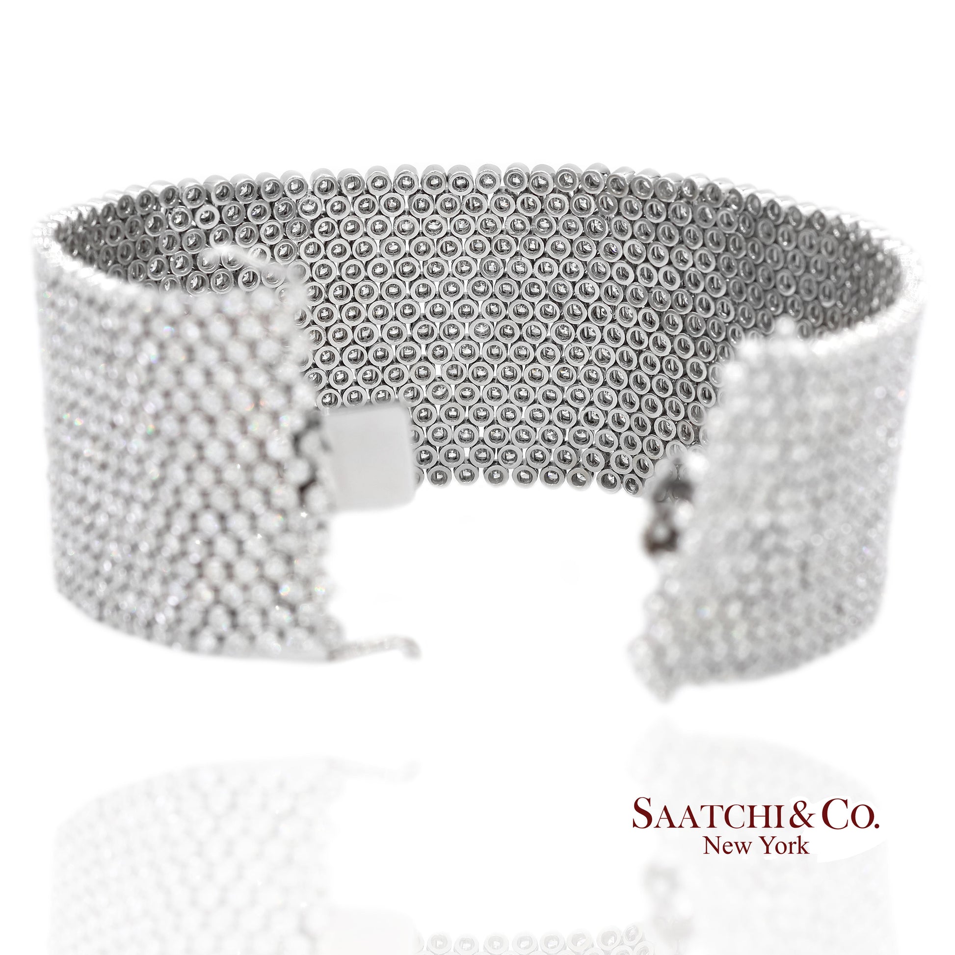 18K (750) White Gold Natural Diamond Wide Mesh Bracelet 15 Rows