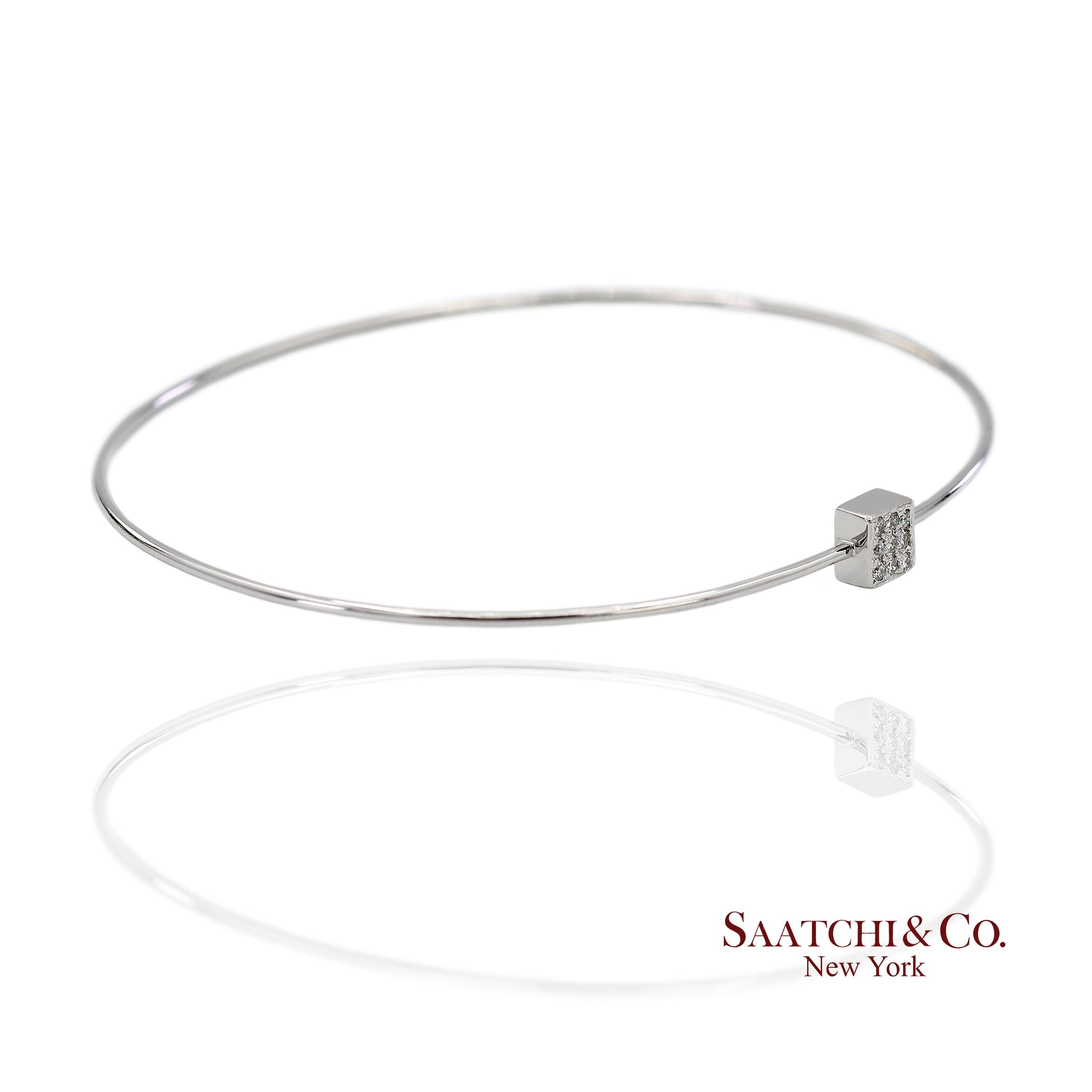 18K(750) Solid White Gold Natural Diamond Square Shape Bangle Bracelet