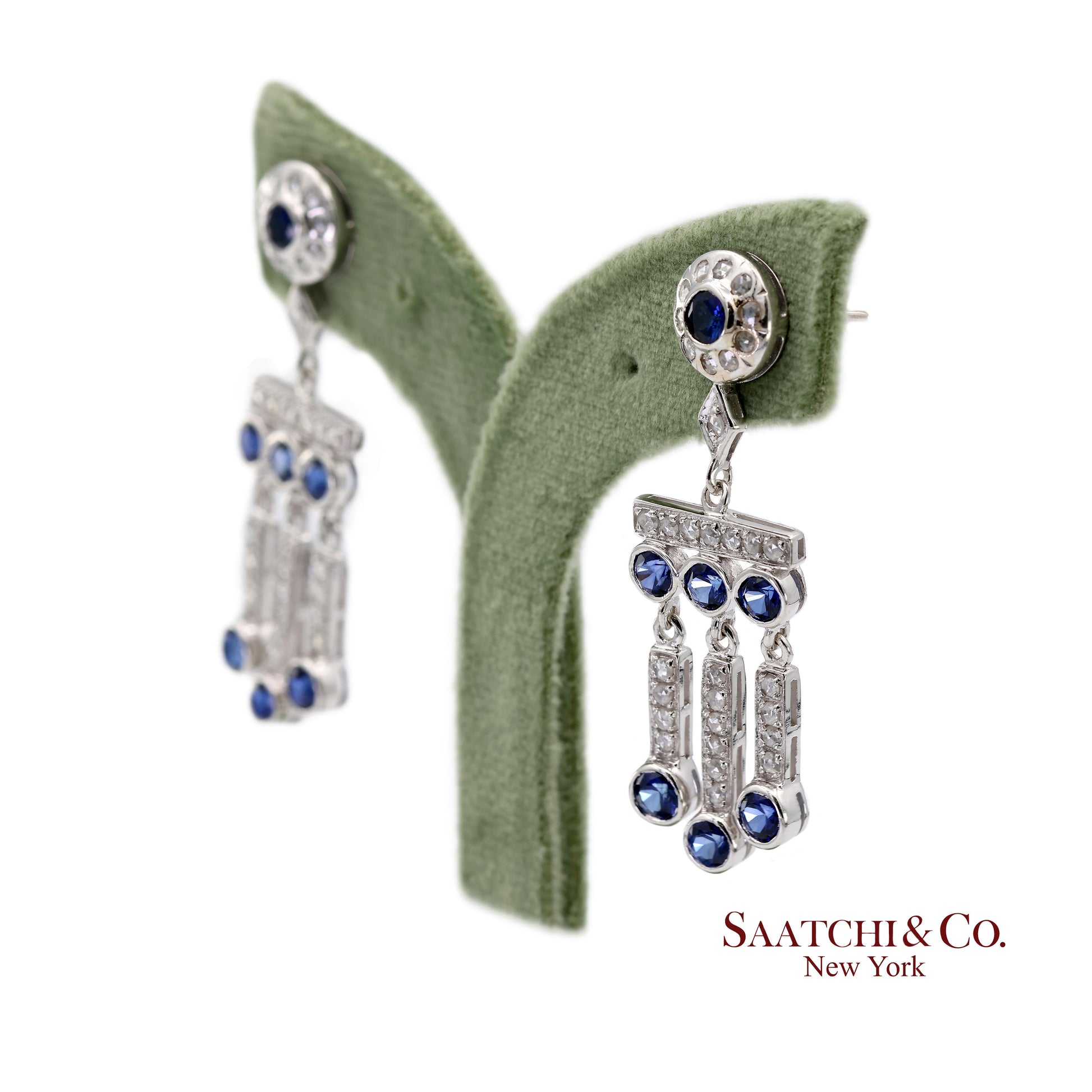 14K(585) Vintage White Gold Natural Diamond and Sapphire Earrings
