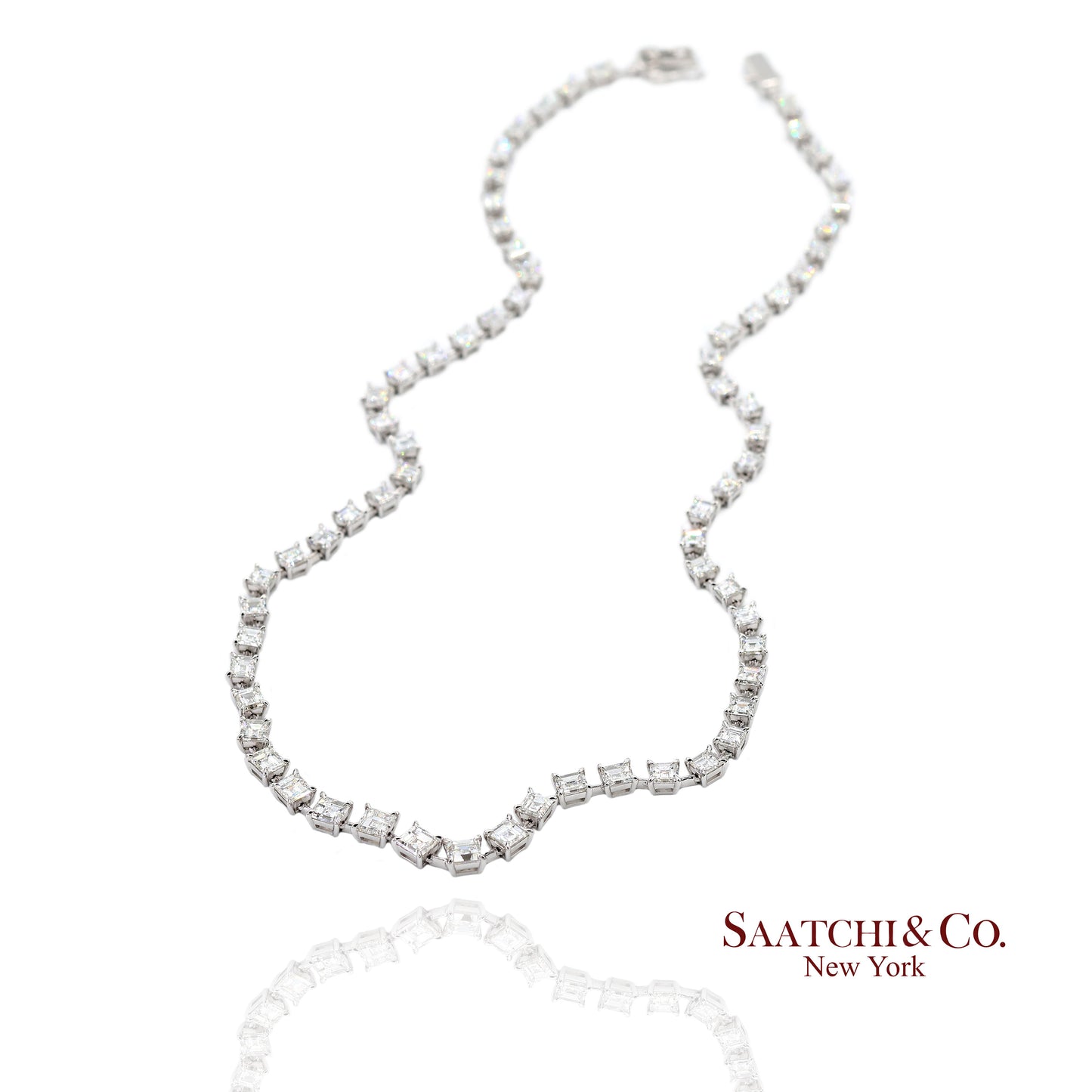 18K(750) White Gold Carre Cut Natural Diamond Tennis Necklace