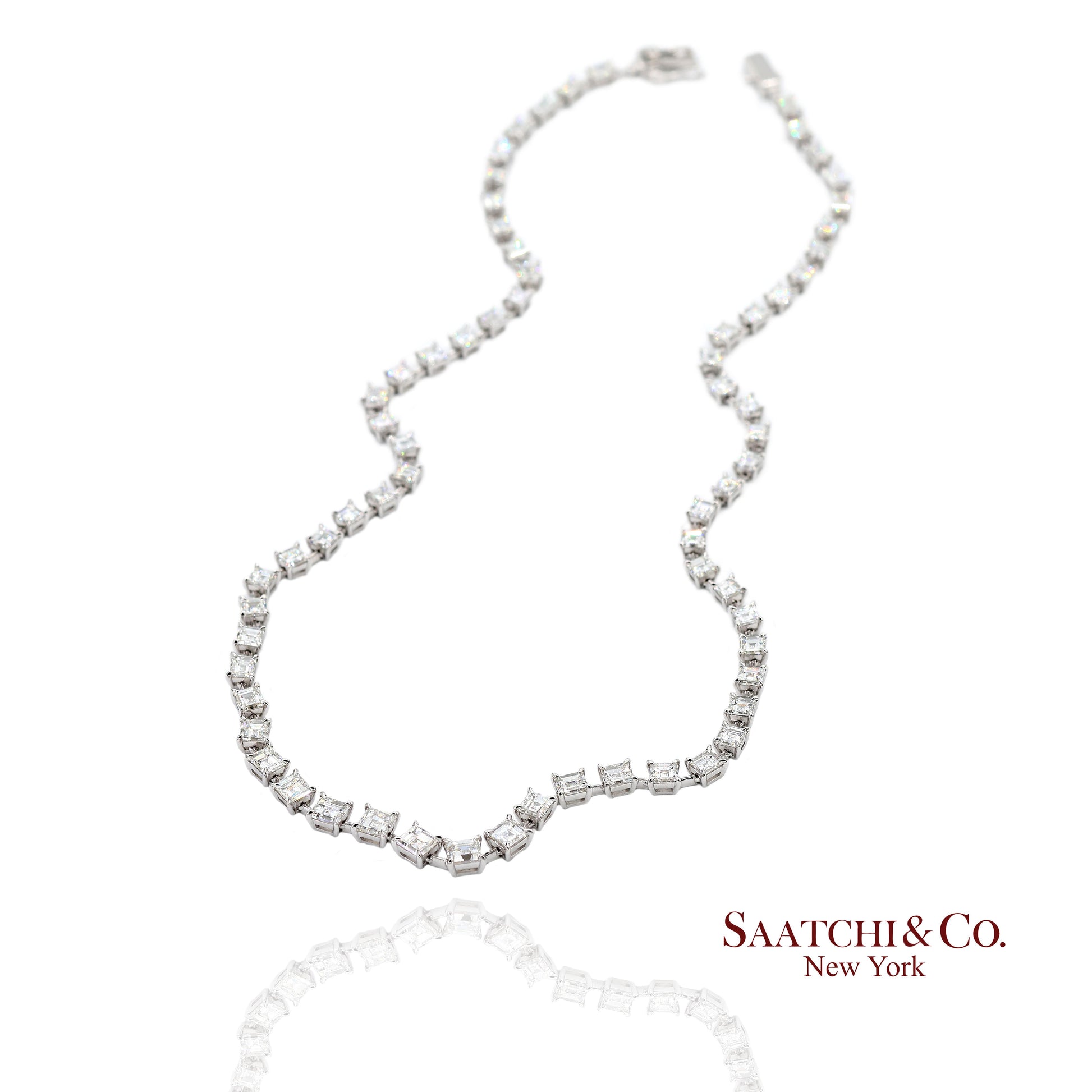18K(750) White Gold Carre Cut Natural Diamond Tennis Necklace