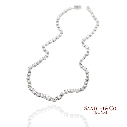 18K(750) White Gold Carre Cut Natural Diamond Tennis Necklace