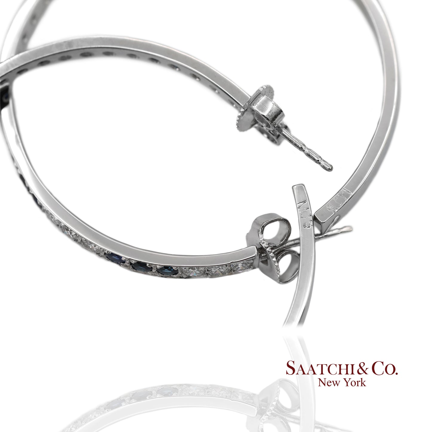 18K(750) Solid White Gold Natural Diamond and Sapphire Hoops Earrings