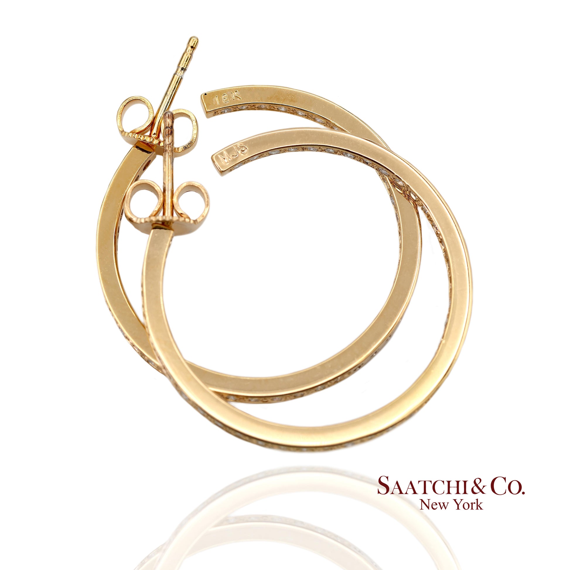 18K(750) Solid Yellow Gold In and Out Natural Diamond Hoop Earrings