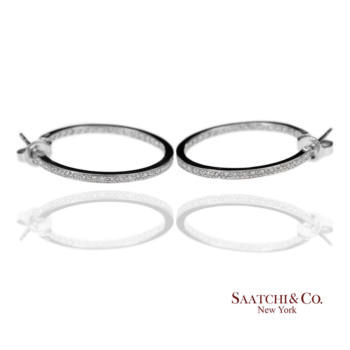 18K(750) Solid White Gold In and Out Natural Diamond Hoop Earrings