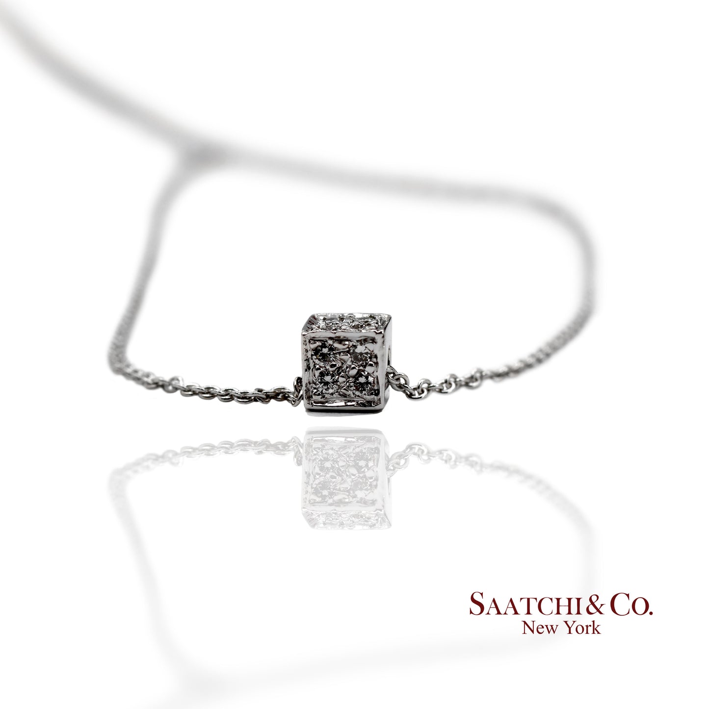 18K(750) White Gold Natural Diamond Square Box Shape Pendant Necklace with Chain