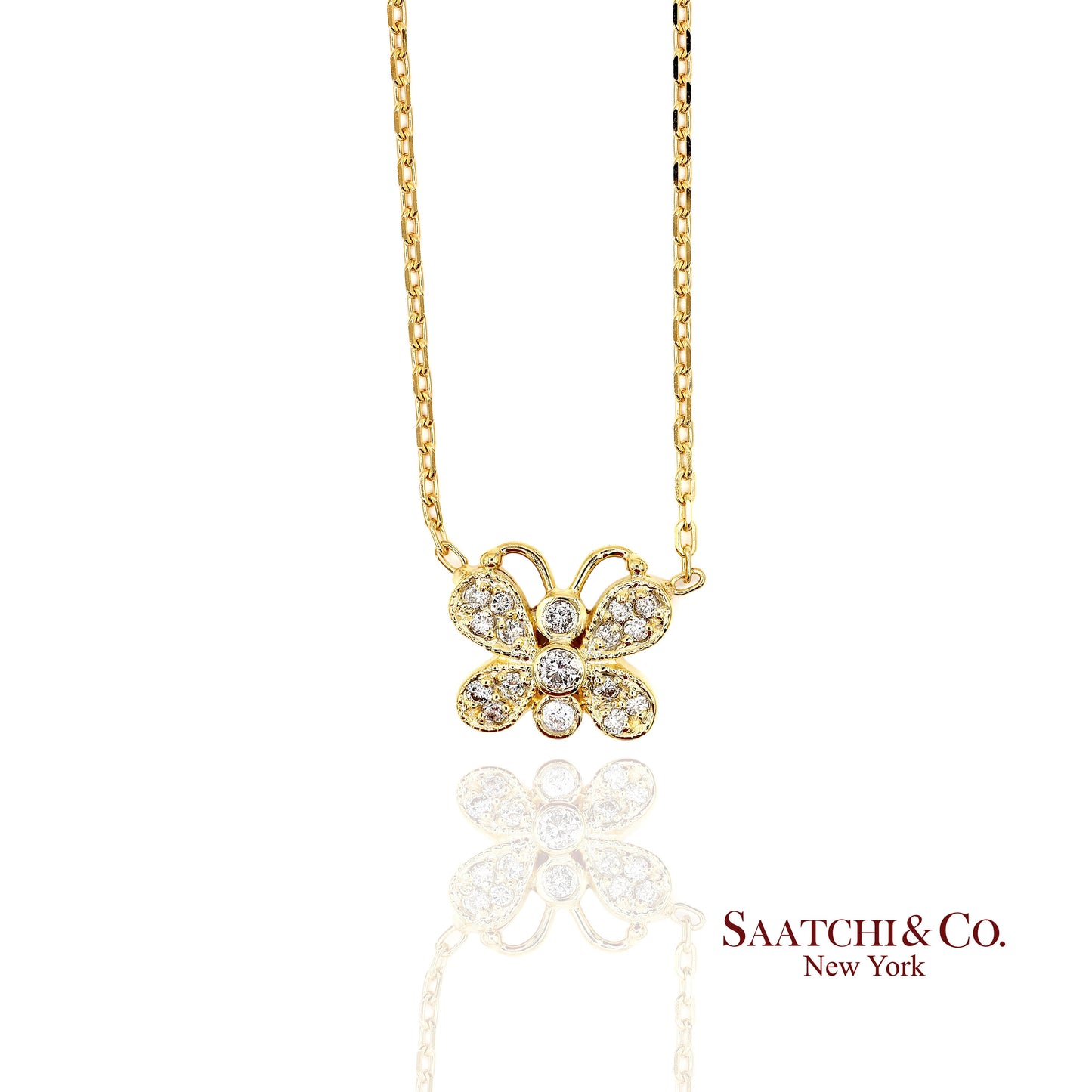 14K(585) Yellow Gold Natural Diamond Butterfly Pendant Necklace with Chain