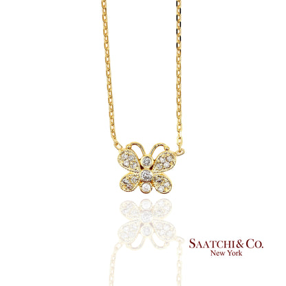 14K(585) Yellow Gold Natural Diamond Butterfly Pendant Necklace with Chain