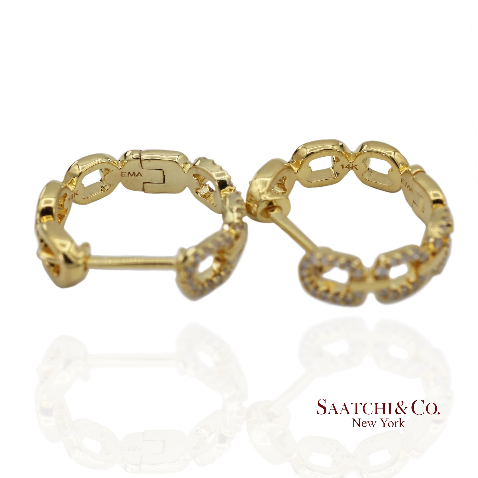 14K(585) Solid Yellow Gold Natural Diamond Link Chain Huggies Earrings