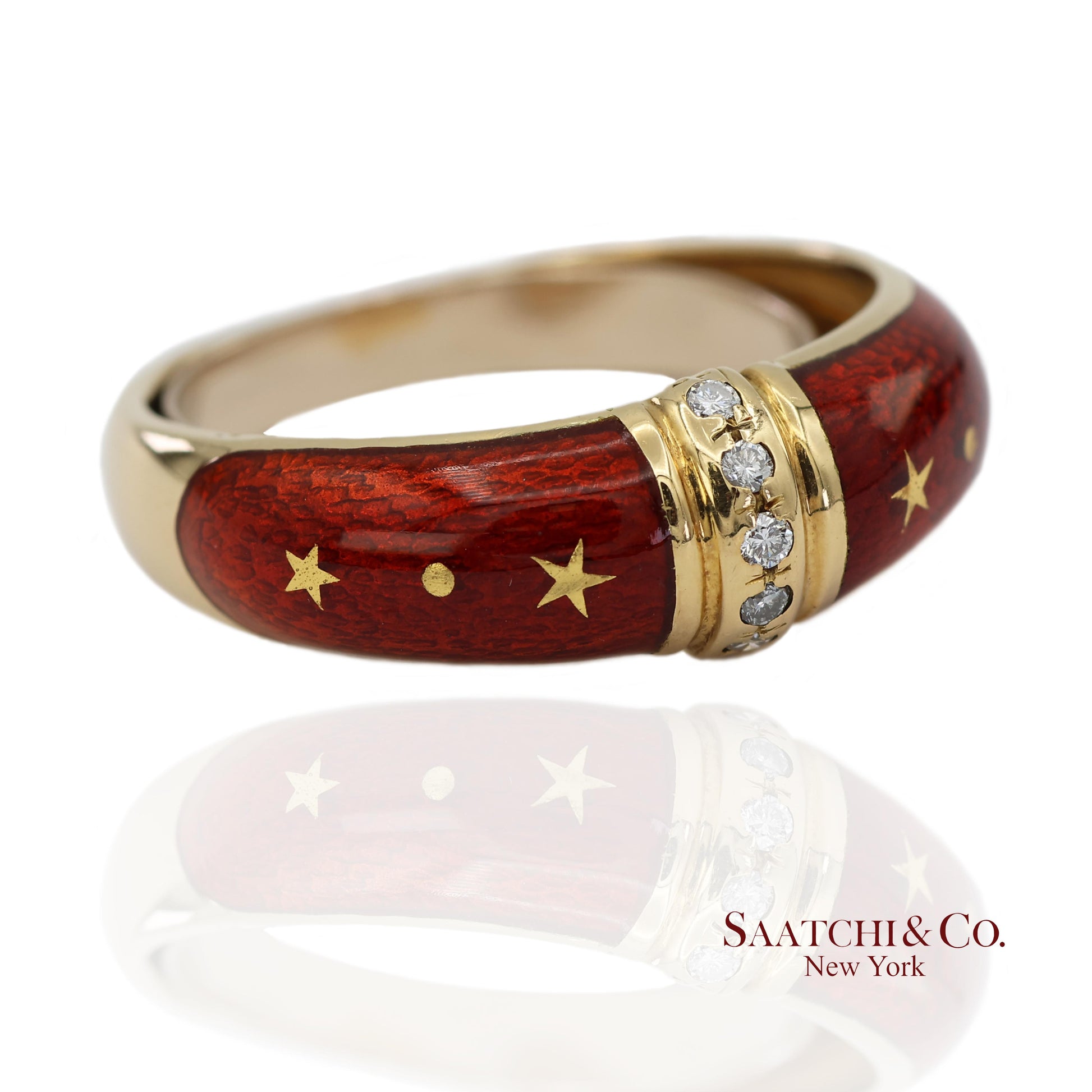 Vintage Faberge 18K (750) Solid Yellow Gold Red Enamel Diamond Ring