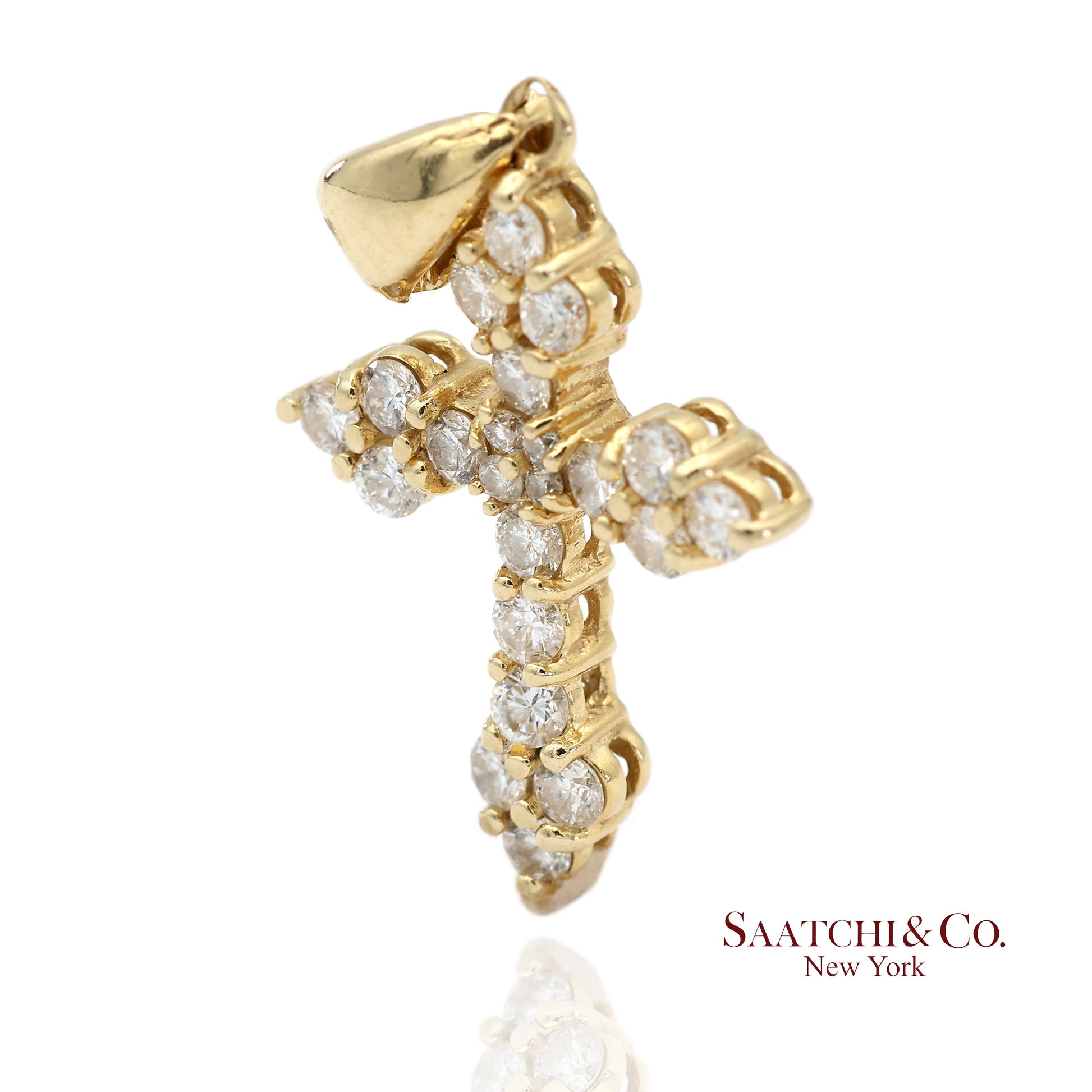 14K(585) Solid Yellow Gold Natural Diamond Cross Pendant Necklace